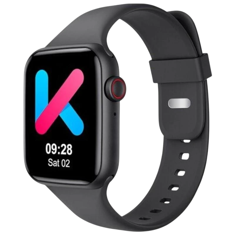 Kumi KU2 Pro Preto smartwatch desembalado, caixa preta com tela colorida retangular, botão lateral vermelho, pulseira de silicone ajustável e design moderno - Item