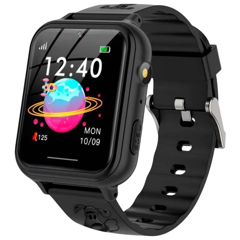 Smartwatch para crianças A2 2G preto com tela colorida, botão SOS lateral, pulseira de silicone com fivela metálica e mostrador digital com ícones coloridos - Item