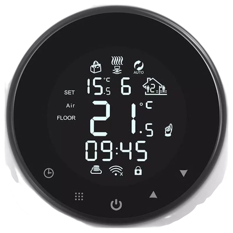 Termostato Inteligente Girier Caldera Eléctrica 16A Tuya Smart Desprecintado con pantalla LED circular, iconos de modos, control táctil y hora visible - Ítem