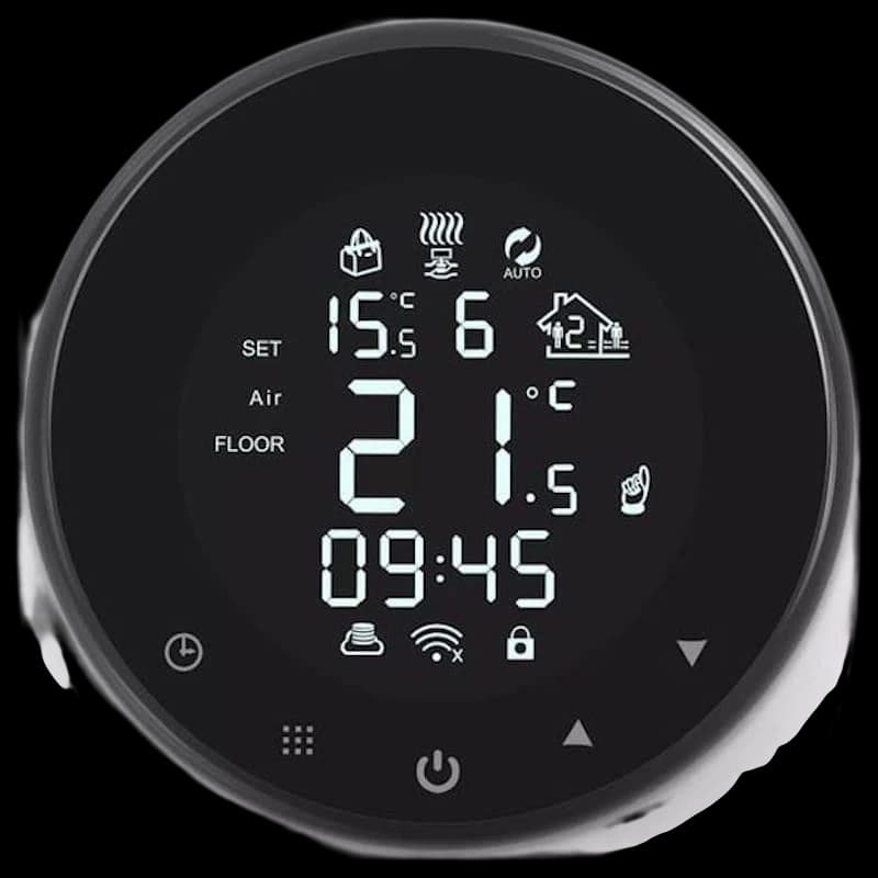 Thermostat intelligent Girier rond noir avec écran LCD rétroéclairé, affichage 21 °C, horloge 09:45, icônes Wi-Fi, chauffage, mode Auto, boutons