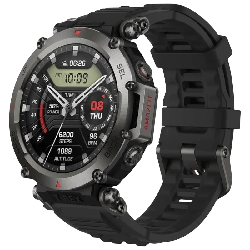 Amazfit T-Rex Ultra Preto com caixa robusta cinza, botões laterais, pulseira preta de silicone, mostrador digital com métricas de passos, batimentos e - Item