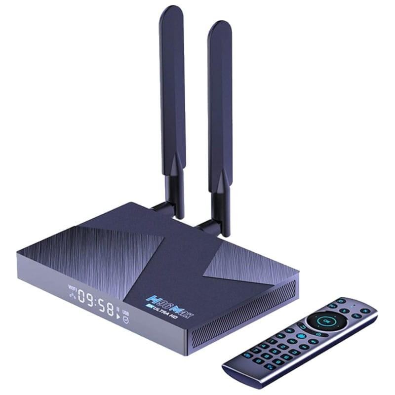 Boîtier TV Android H96 Max V58 noir brossé, deux antennes verticales, afficheur LED frontal, livré avec télécommande mince à touches circulaires - Ítem