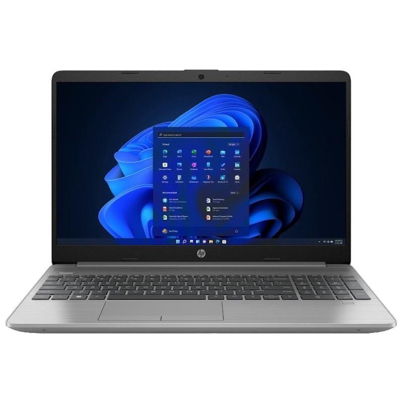 Portátil HP 250 G8 plateado de 15.6 pulgadas con biseles finos, teclado gris completo y touchpad amplio, pantalla mostrando Windows 11 en el escritorio - Ítem