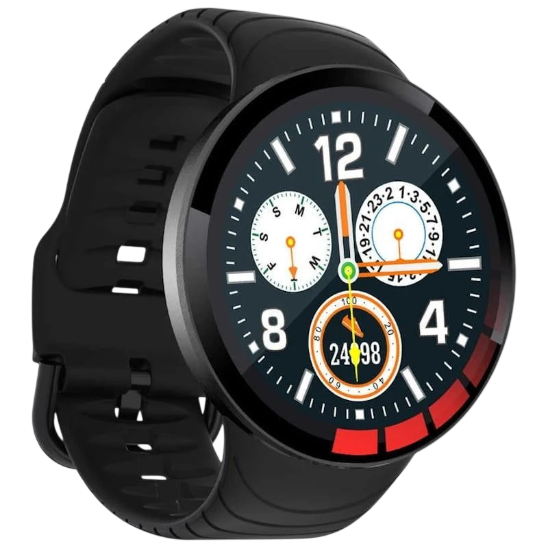 Kumi GT2 Smartwatch desprecintado con pantalla circular a color, correa negra de silicona y esfera analógica digital con múltiples diales y marcadores claros - Ítem