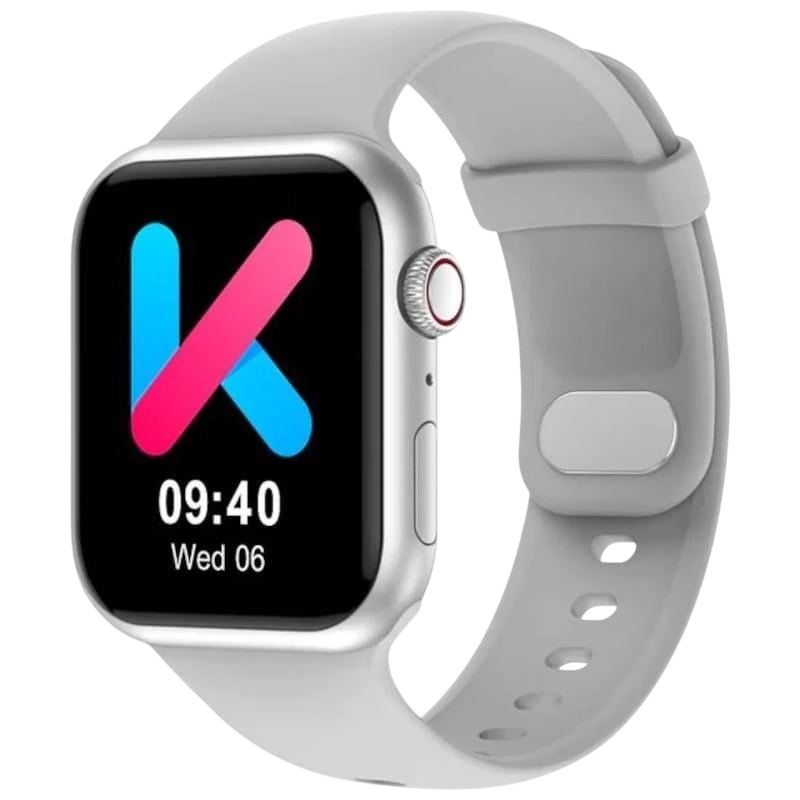 Kumi KU3 Meta Plata Smartwatch desprecintado con caja plateada, pantalla cuadrada negra, corona lateral roja y correa de silicona gris ajustable - Ítem