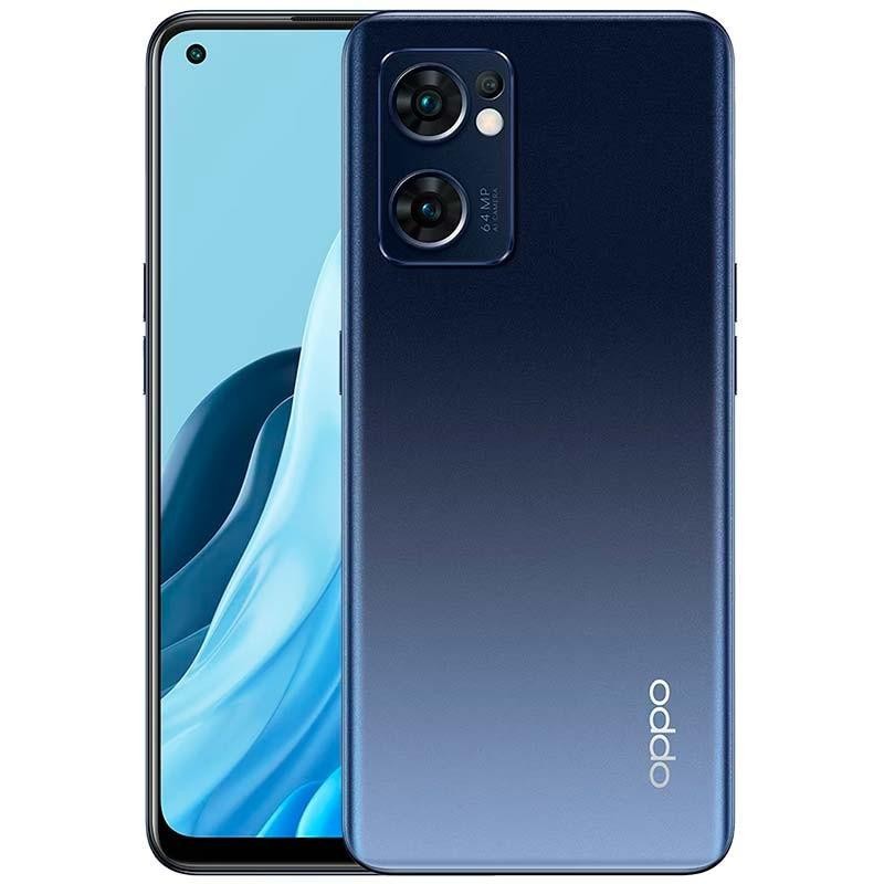 Oppo Reno7 5G preto com tela cheia perfurada e traseira em azul gradiente, módulo duplo de câmera com flash e lente principal 64 MP, design fino e elegante - Item