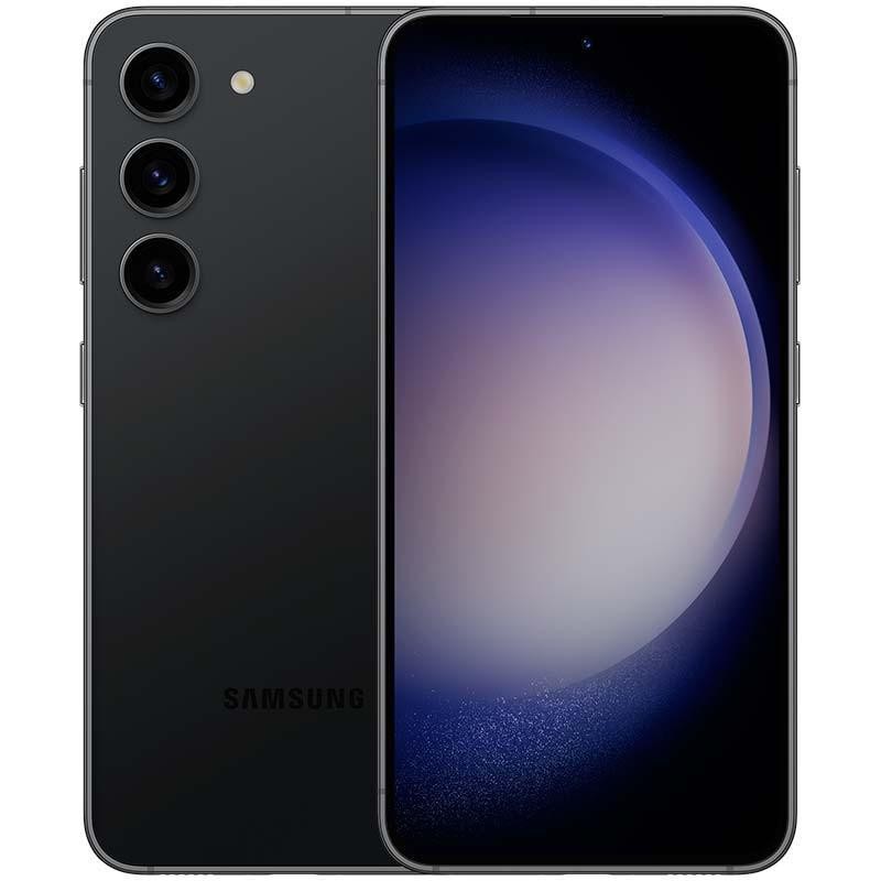 Samsung Galaxy S23 5G preto com ecrã quase sem margens e câmara traseira tripla alinhada verticalmente; design elegante 8GB RAM 128GB armazenamento sem selo - Item