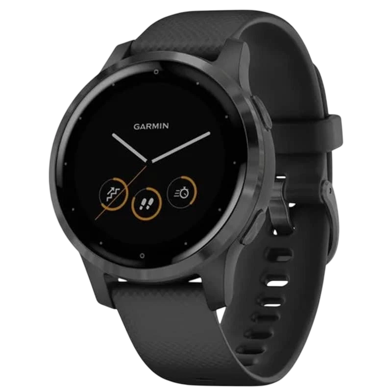 Relógio Garmin Vivoactive 4s 40 mm preto com pulseira preta, caixa arredondada, tela touch circular e botões laterais, design esportivo e elegante - Item