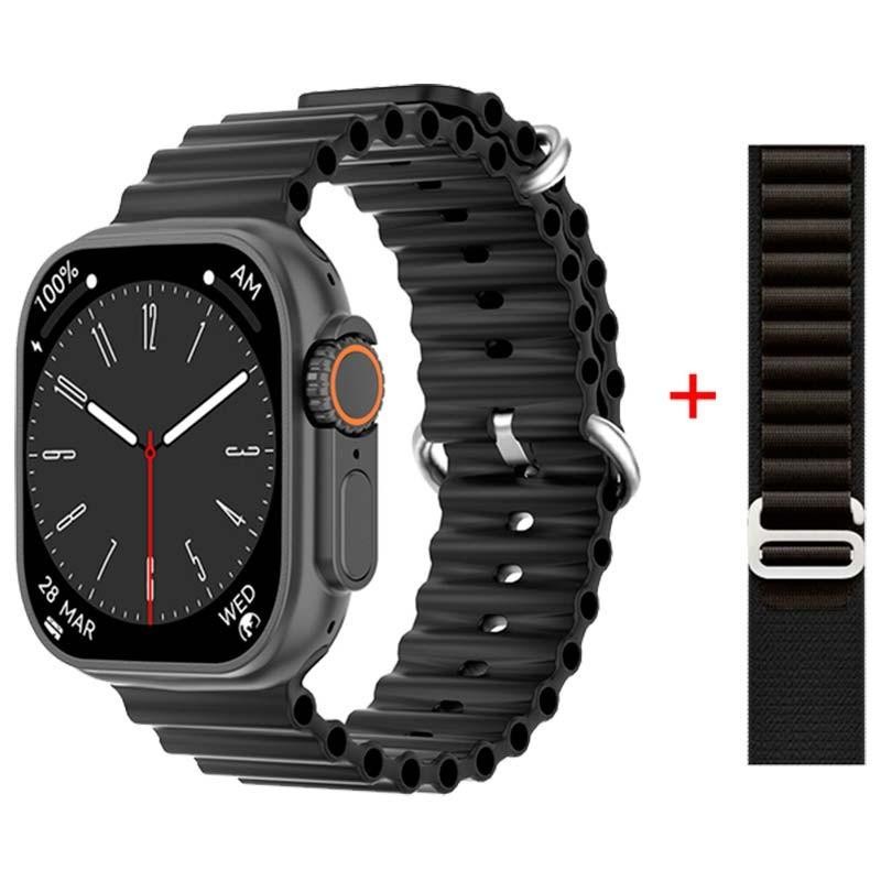 DT NO.1 DT8 Ultra Max Preto – relógio inteligente com caixa cinza, tela retangular, coroa laranja, pulseira preta ranhurada e pulseira extra preta - Item