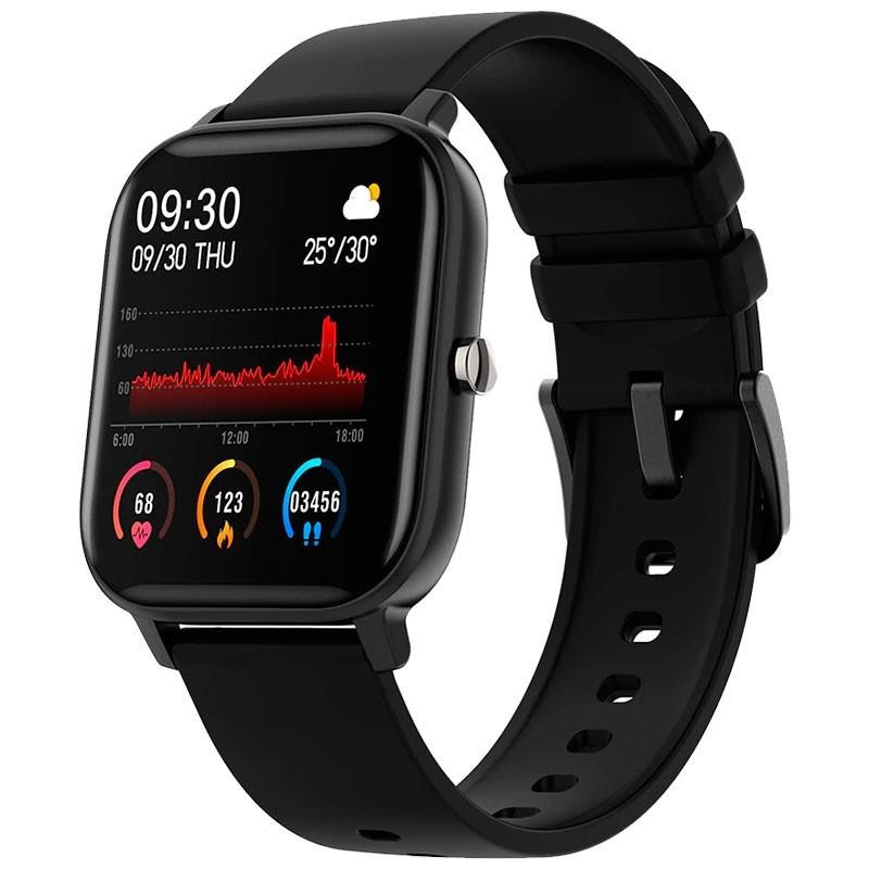 Colmi P8 Smartwatch dorée, écran couleur carré avec cadran noir, affichage heure, météo et suivi santé, bracelet silicone noir ajustable, non scellée - Ítem