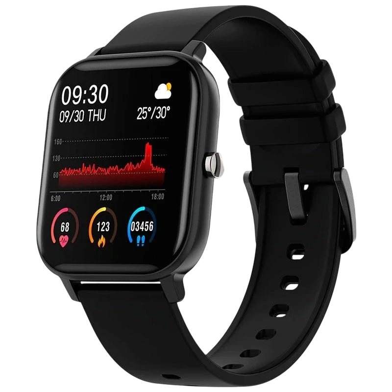 Colmi P8 Smartwatch Relógio inteligente dourado com tela quadrada colorida, pulseira de silicone preta, mostrador digital com hora, clima e métricas fitness - Item