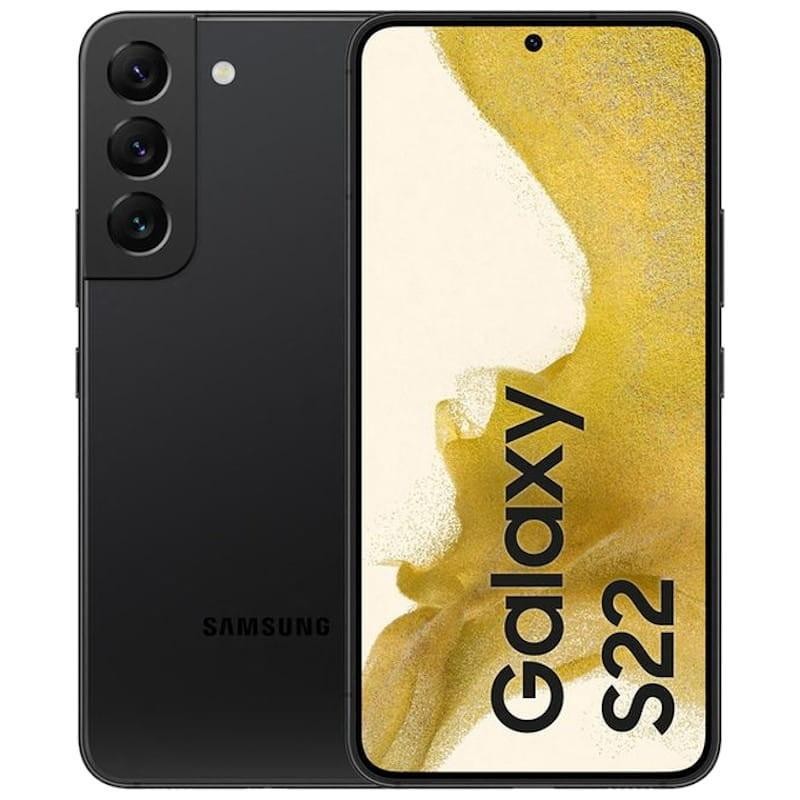 Samsung Galaxy S22 preto, 8 GB RAM e 128 GB. Design fino, ecrã inteiro com furo central, três câmaras traseiras verticais e acabamento mate sem selo - Item