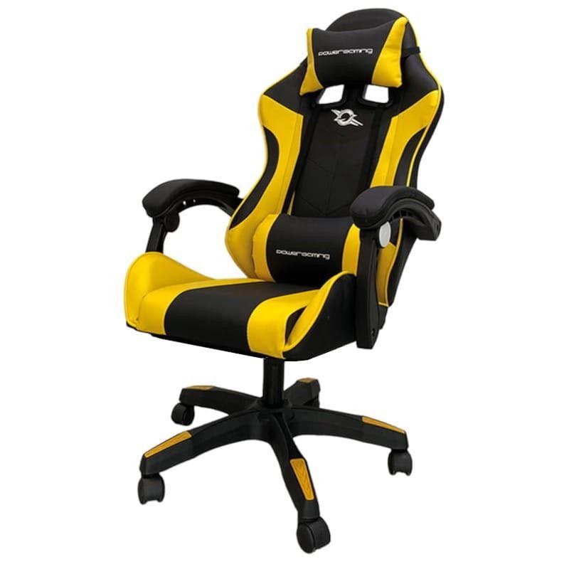 Silla gaming PowerGaming amarillo y negro con reposacabezas, cojín lumbar, apoyabrazos acolchados, base con ruedas y diseño ergonómico deportivo - Ítem
