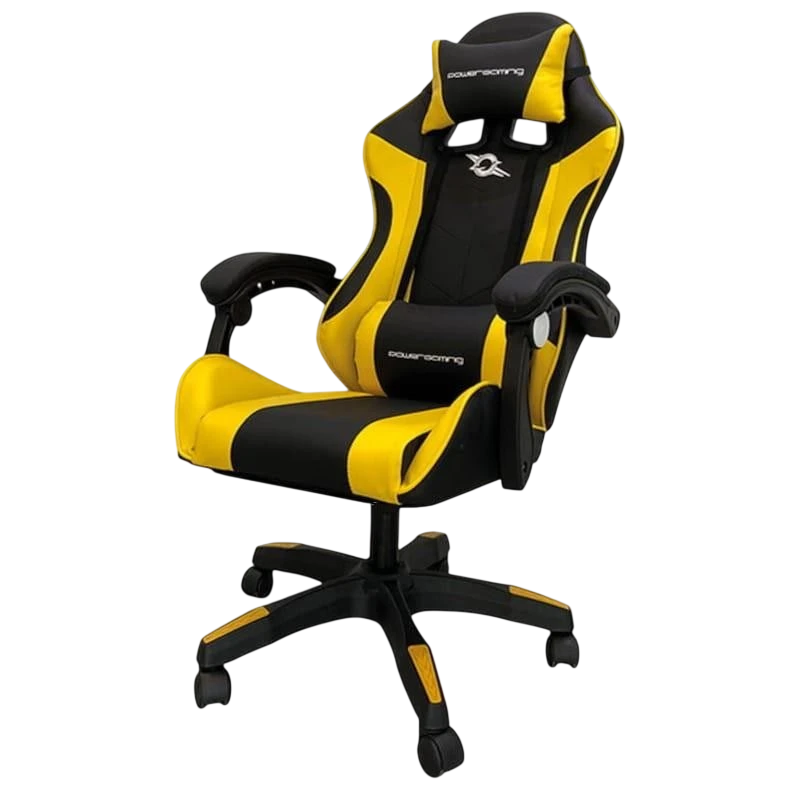 Silla gaming PowerGaming amarillo y negro con reposacabezas, cojín lumbar, apoyabrazos acolchados, base con ruedas y diseño ergonómico deportivo - Ítem