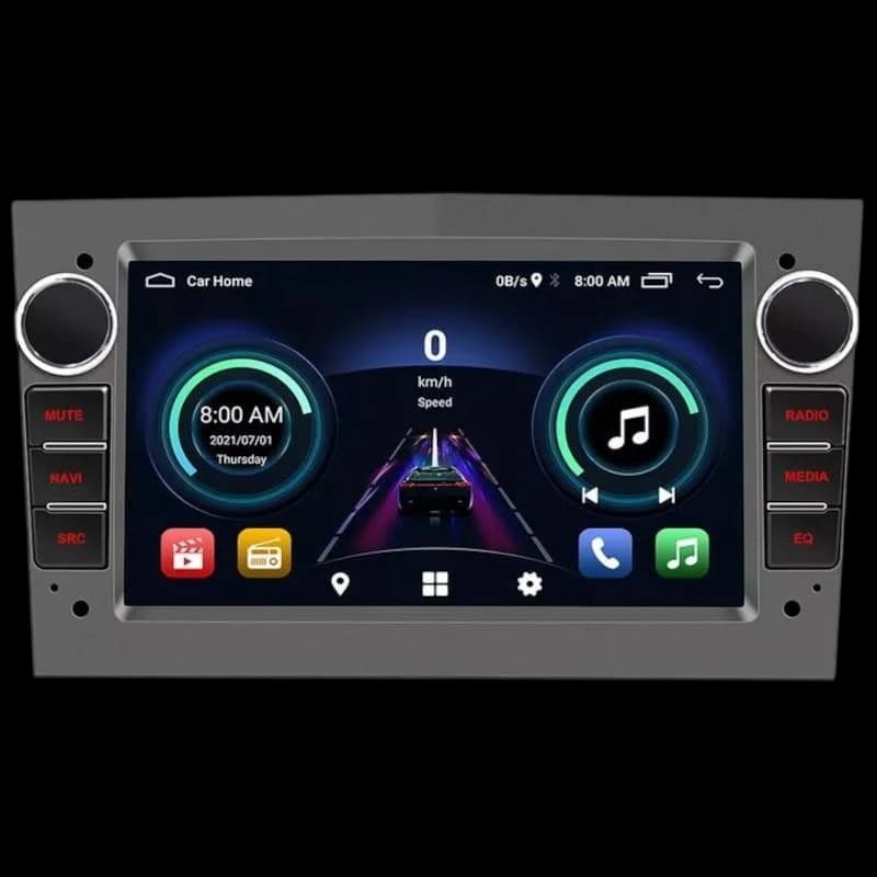 Autoradio 2 DIN S-OB7A 2GB/64GB Opel Carplay Android Auto Negro con pantalla táctil a color, botones laterales rojos, perillas plateadas y marco gris oscuro