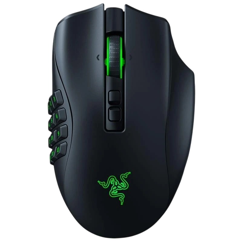 Razer Naga Pro Bluetooth negro com iluminação verde, sensor 20000 DPI, roda texturizada, laterais ergonômicas e painel lateral com múltiplos botões - Item