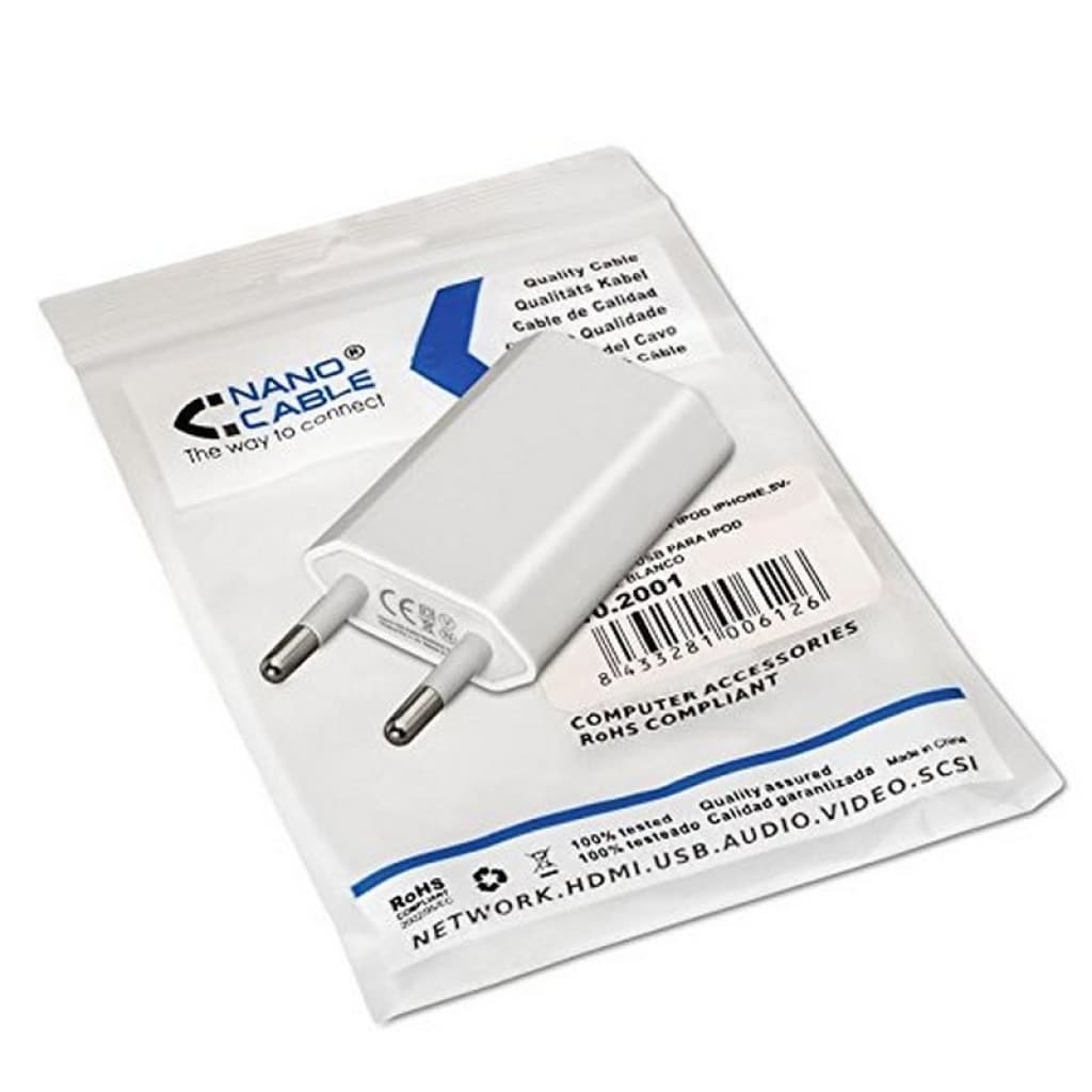 Nanocable Carregador USB 5V/1A - Branco; Carregador sobre o seu saco de embalagem