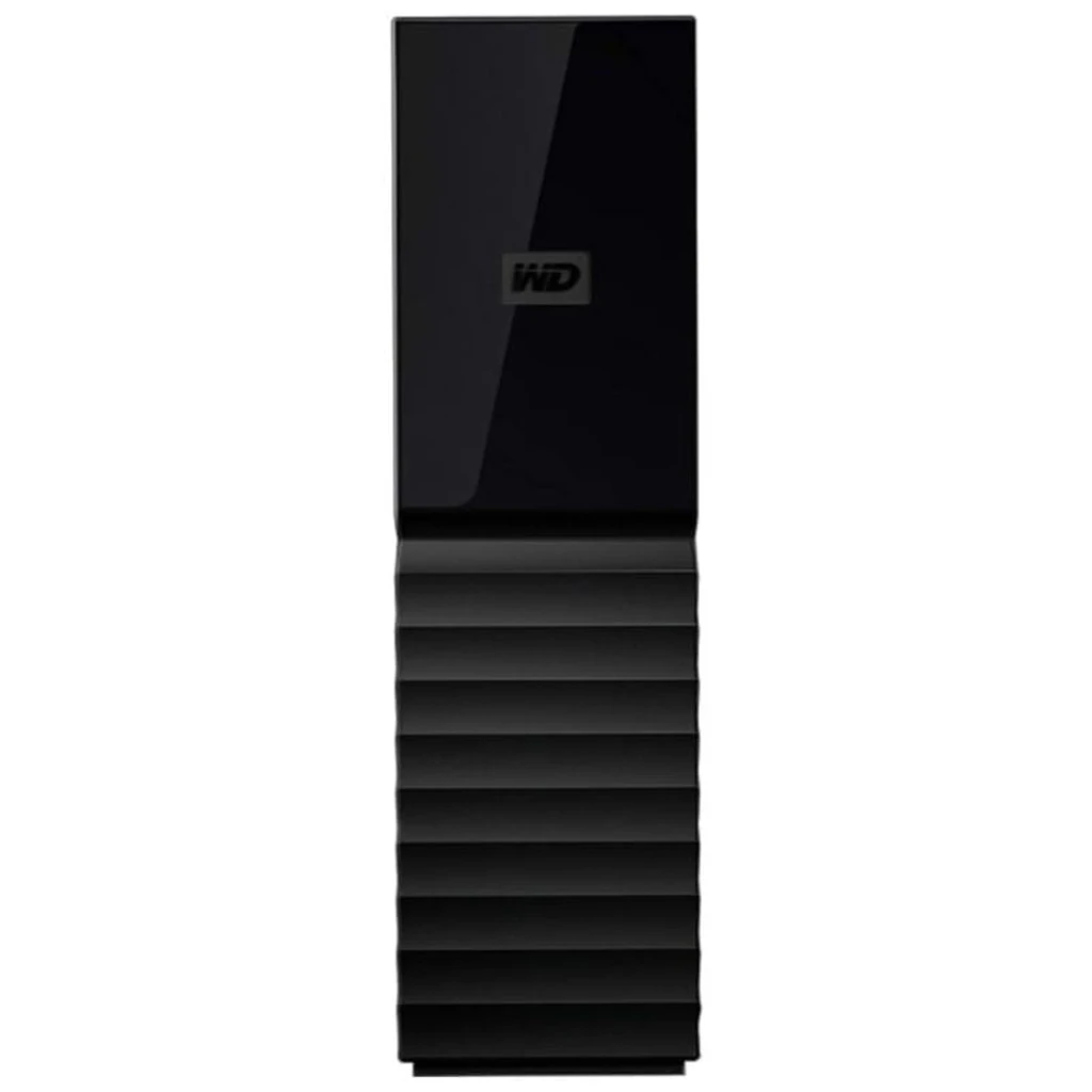 Disco duro externo WD My Book 8TB, formato 3.5, carcasa negra con acabado brillante arriba y base acanalada, puerto USB 3.0, diseño vertical compacto