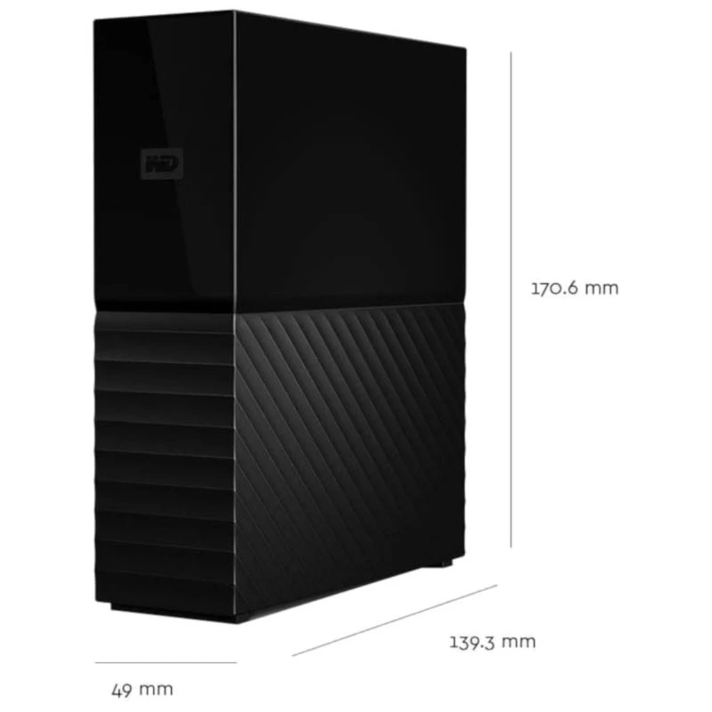 Disco duro externo WD My Book 8TB 3.5 USB 3.0 color negro con carcasa brillante y base texturizada en patrón diagonal, formato vertical compacto