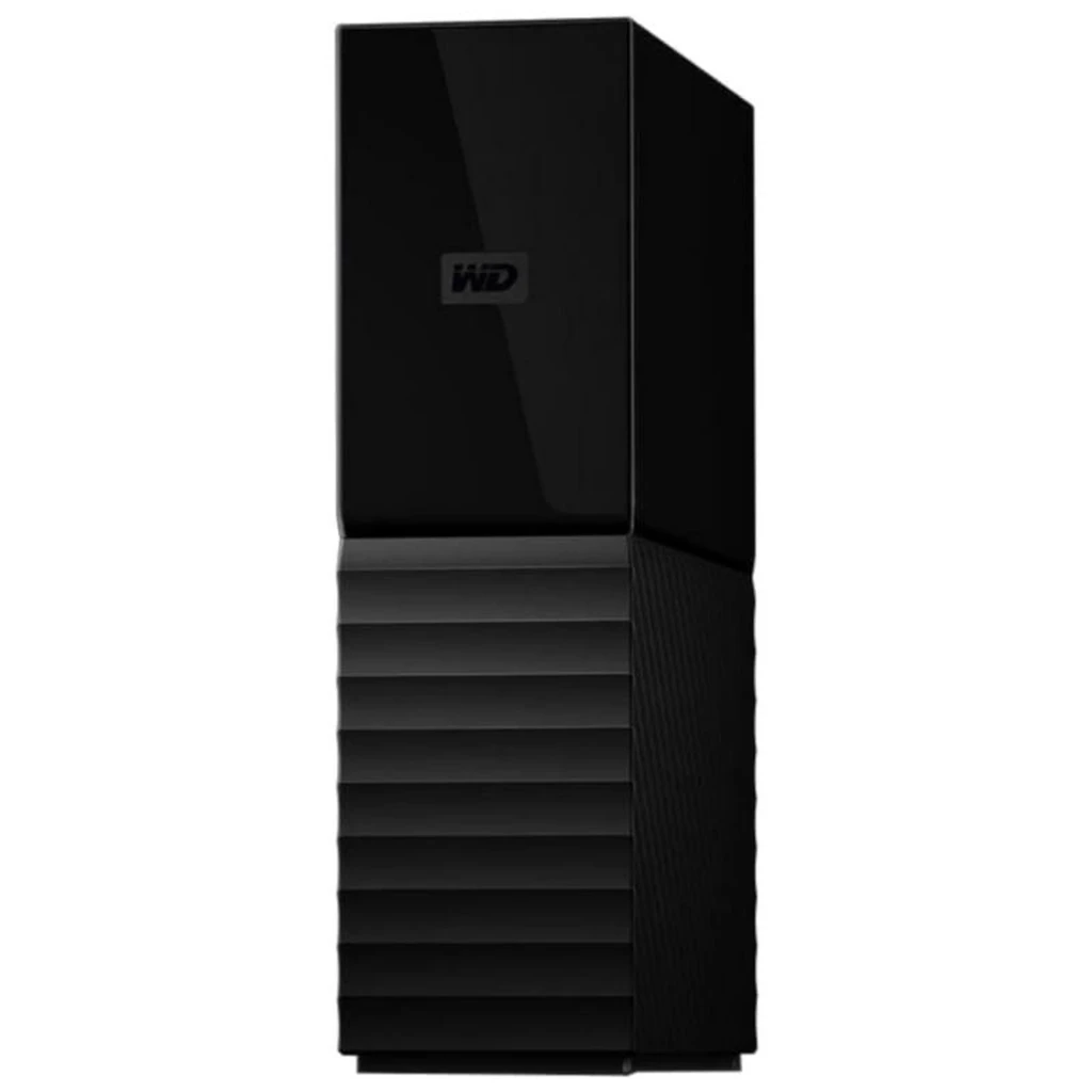 Disco duro externo WD My Book 8TB, torre 3.5 en color negro brillante con base acanalada, diseño minimalista, conexión USB 3.0 visible en la parte trasera