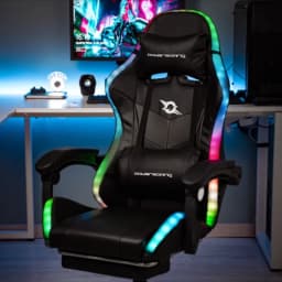 Chaise Gaming PowerGaming LED RGB Noir avec Repose Pieds, rembourrage épais, accoudoirs réglables, liserés lumineux multicolores, design ergonomique racing