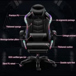 Chaise gaming rouge et noire avec LED RGB, dossier ergonomique, coussin lombaire massage, accoudoirs liés, repose pieds, roues silencieuses, base nylon durable