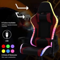 Chaise gaming rouge et noire avec LED RGB sur les bords, appuie‑tête, accoudoirs réglables et repose‑pieds, USB, 6 couleurs et modes variables