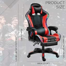 Chaise gaming rouge et noire avec LED RGB sur les côtés, appuie-tête, coussin lombaire, accoudoirs rembourrés, repose-pieds extensible, base à roulettes