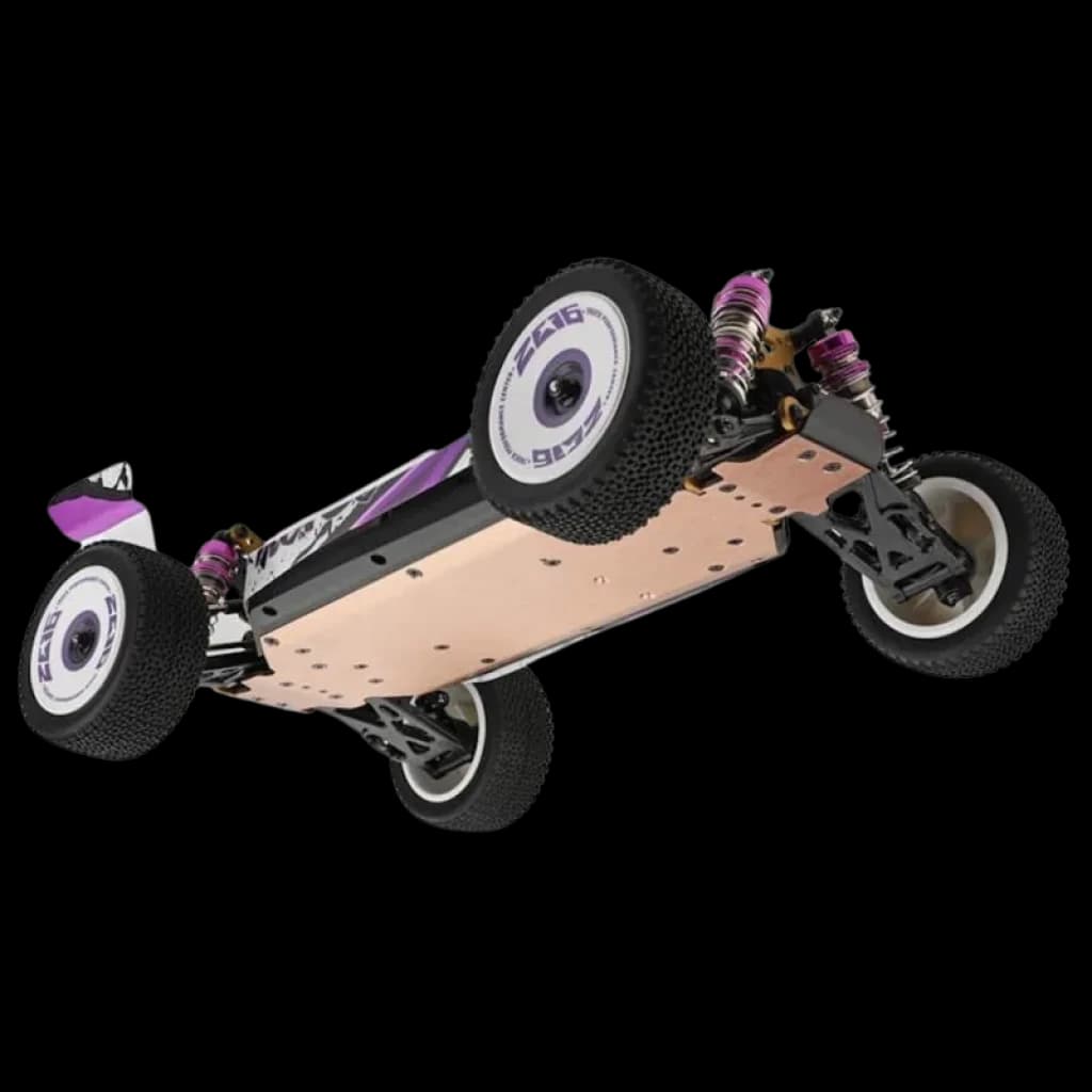 Wltoys 124019 1/12 4WD Buggy châssis alu vu de dessous, pneus cramponnés, suspensions à ressorts violets, 4 roues motrices pour adhérence et robustesse