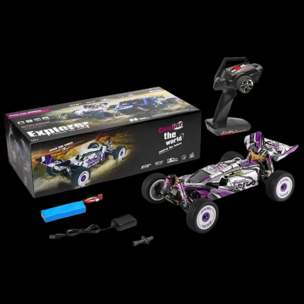 Wltoys 124019 1/12 4WD Buggy RC électrique violet et noir avec télécommande, batterie, chargeur et pièces; châssis bas, aileron et pneus tout-terrain