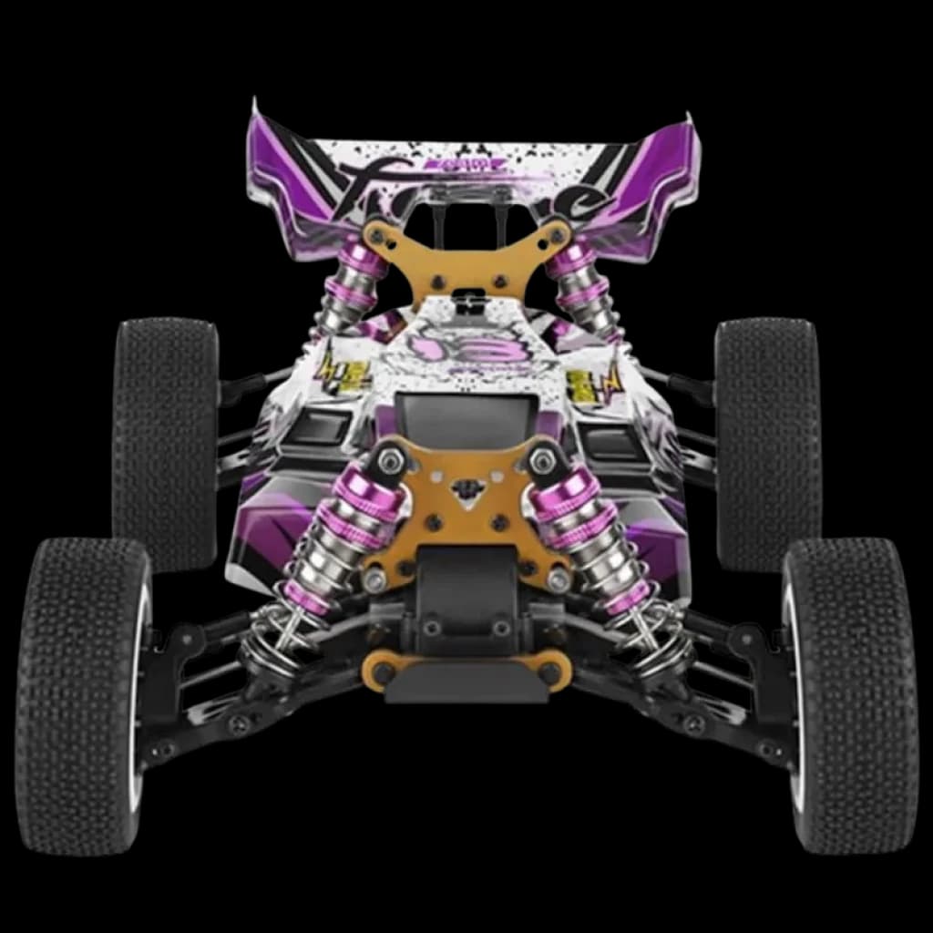 Wltoys 124019 1/12 4WD Buggy RC électrique avec suspension à double amortisseur rose, aileron arrière, pneus à crampons et châssis robuste noir et or