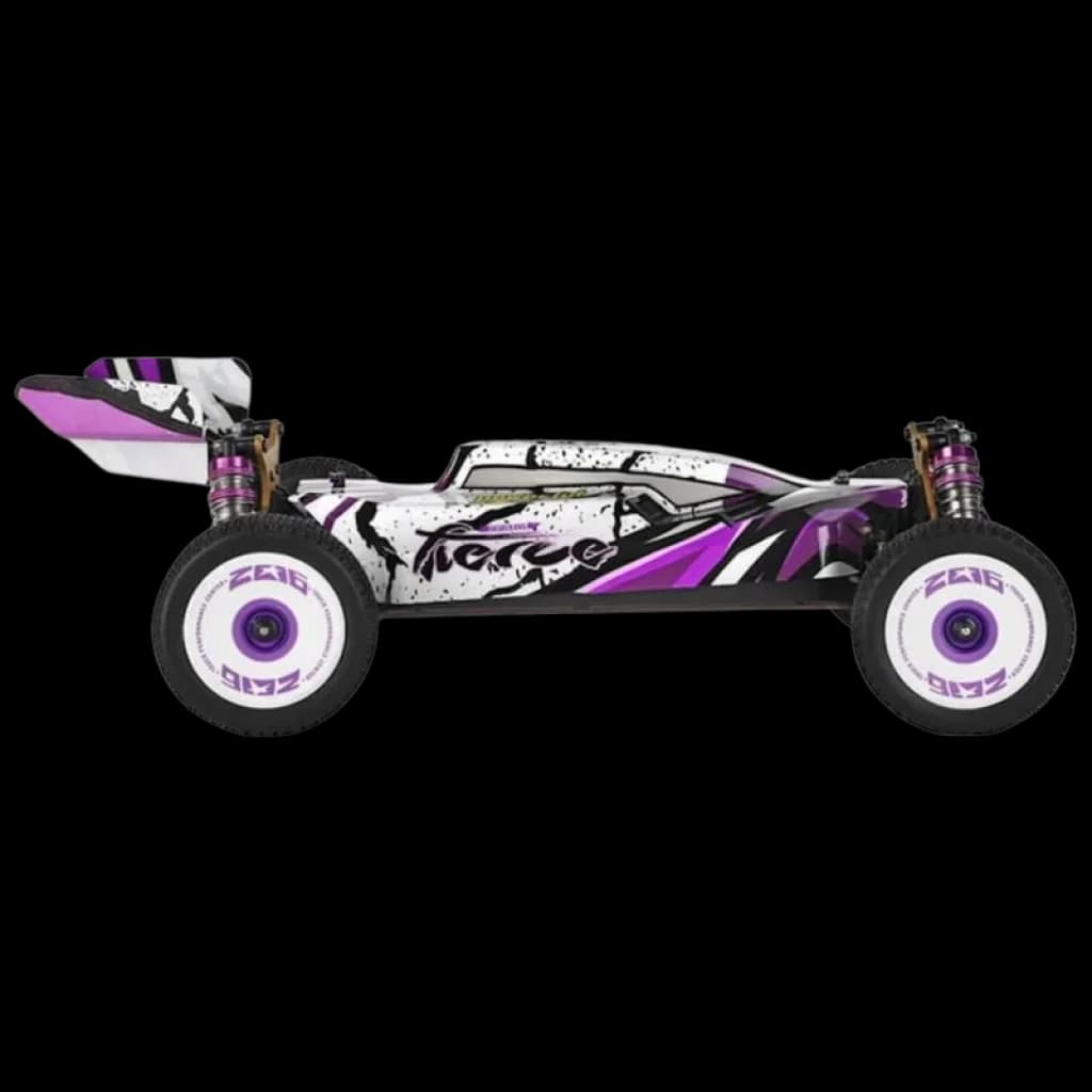 Wltoys 124019 1/12 4WD Buggy RC électrique avec carrosserie blanche et violette, grands amortisseurs dorés, aileron arrière et pneus larges à jantes