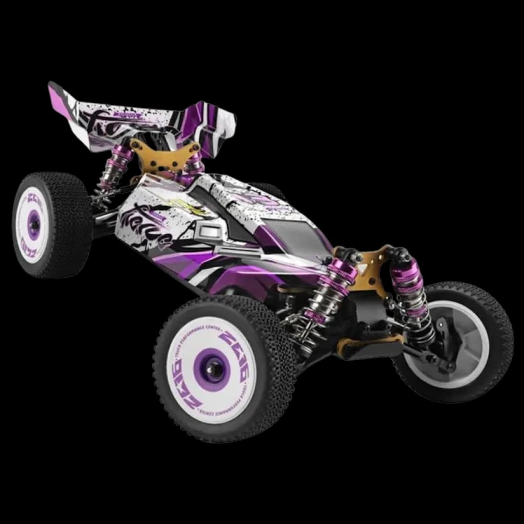 Wltoys 124019 1/12 4WD Buggy RC électrique avec carrosserie violette et blanche, aileron arrière, gros pneus cramponnés et suspensions métal visibles