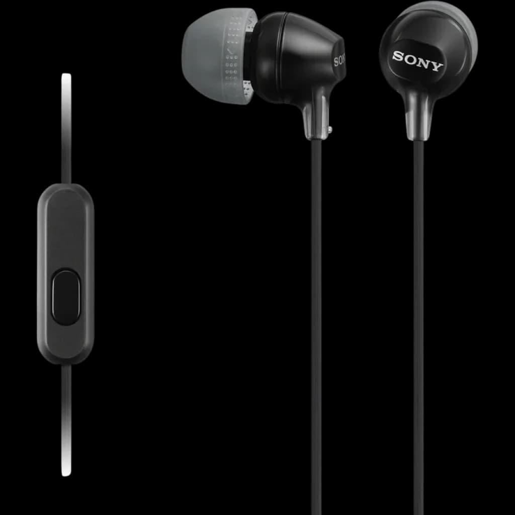 Sony MDR-EX15AP con Micrófono Negro: audífonos intrauditivos negros con almohadillas de silicona grises, cable delgado y control en línea con botón para