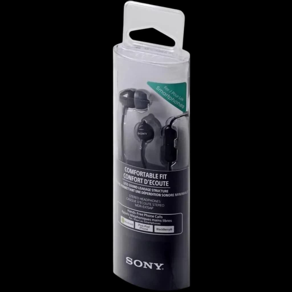 Auriculares intrauditivos Sony MDR-EX15AP con micrófono negro, cable con control en línea, almohadillas de silicona, diseño compacto y presentación en tubo