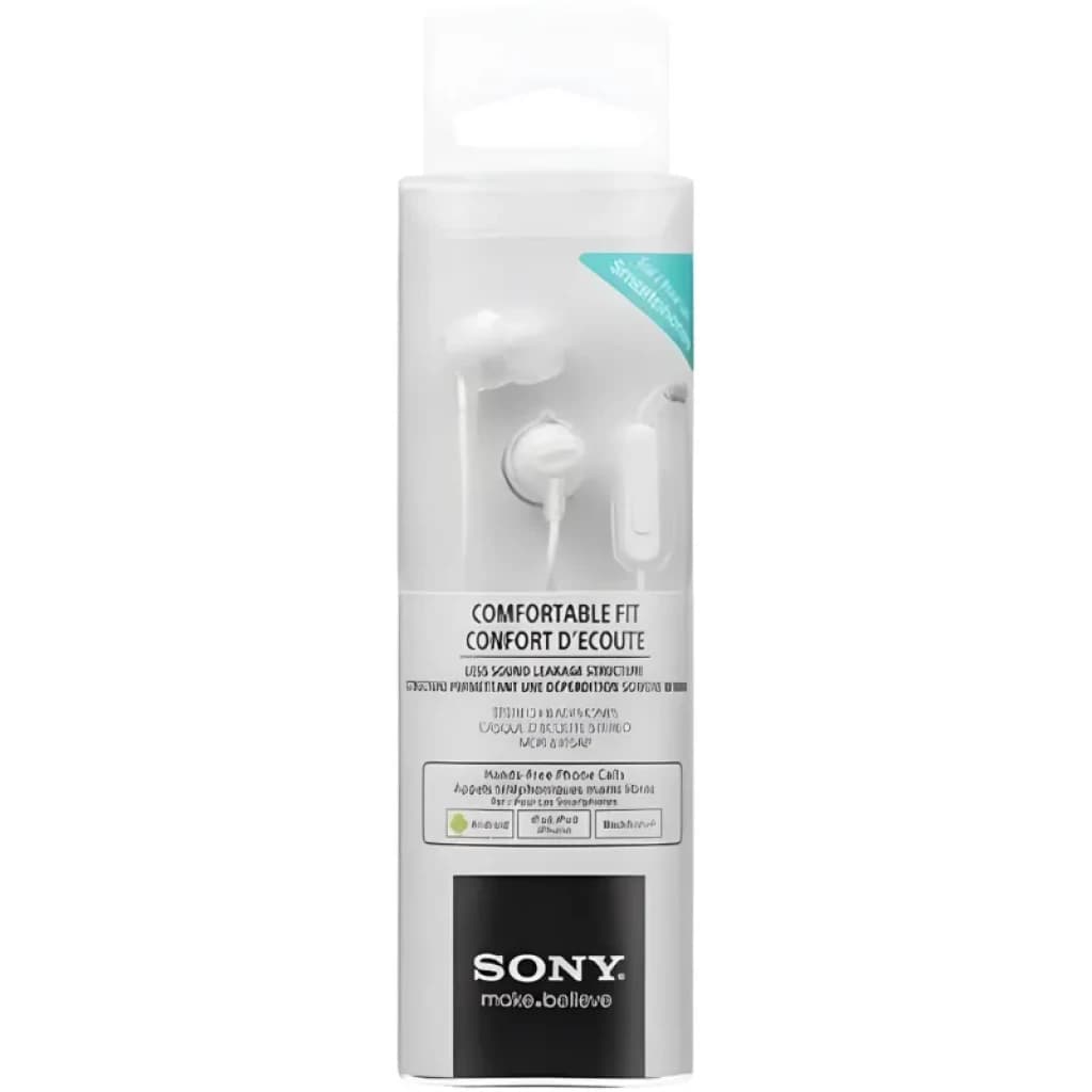 Écouteurs intra-auriculaires blancs Sony MDR-EX15AP avec micro, embouts silicone, télécommande filaire, design compact et léger, câble blanc discret