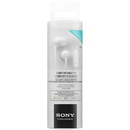 Écouteurs intra-auriculaires blancs Sony MDR-EX15AP avec micro, embouts silicone, télécommande filaire, design compact et léger, câble blanc discret