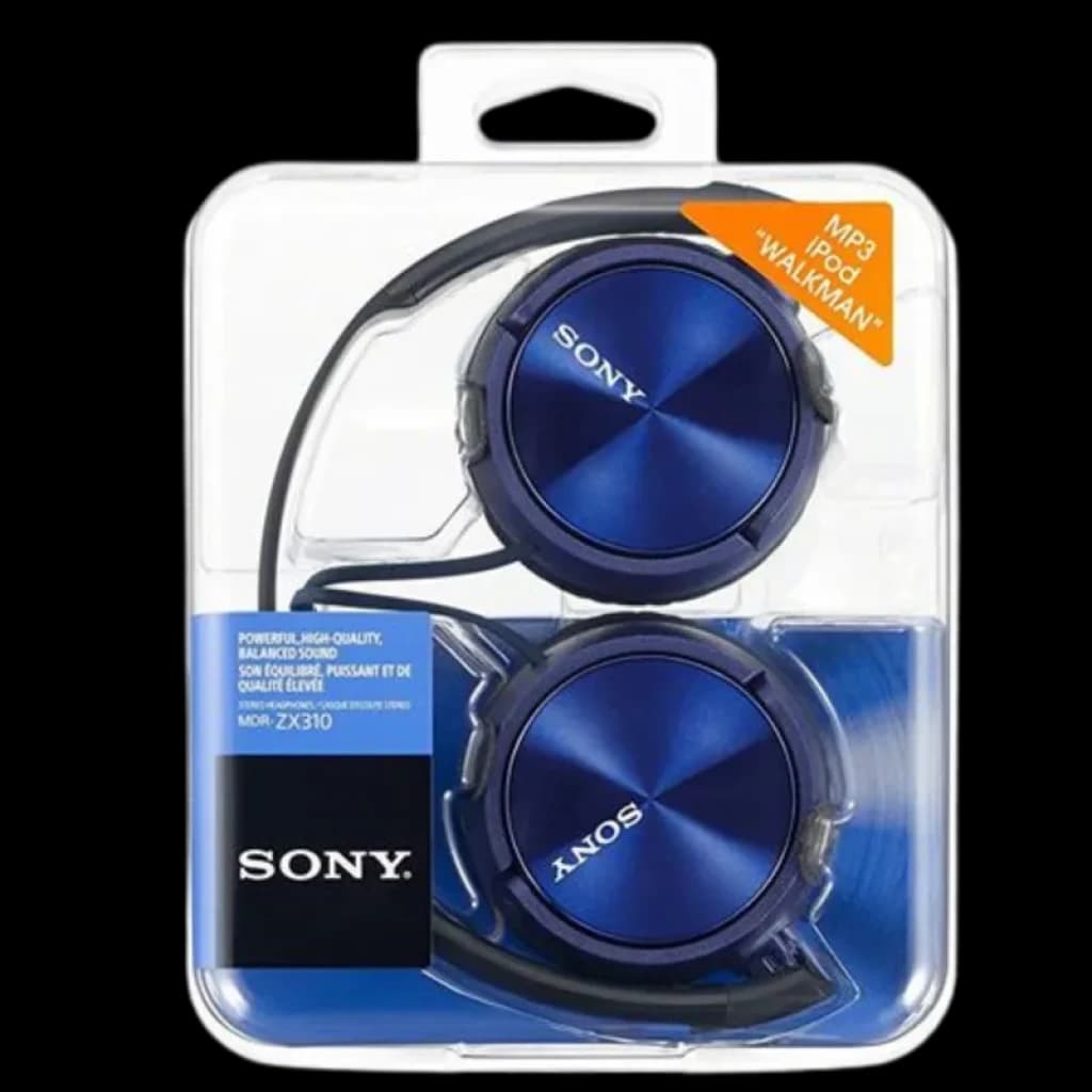 Auscultadores Sony MDR-ZX310 Azul dobráveis, cor azul metálica com logotipo Sony, conchas circulares, design leve e compacto, compatíveis com MP3 e iPod