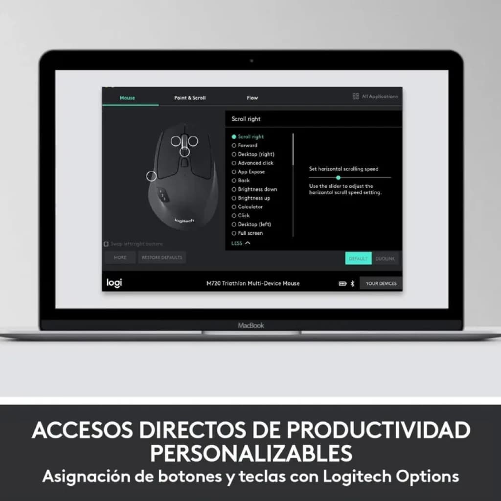 Pantalla de MacBook mostrando Logitech Options con ratón negro Logitech y menús de asignación de botones y desplazamiento; enfoque en personalización y