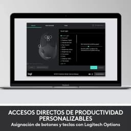 Pantalla de MacBook mostrando Logitech Options con ratón negro Logitech y menús de asignación de botones y desplazamiento; enfoque en personalización y