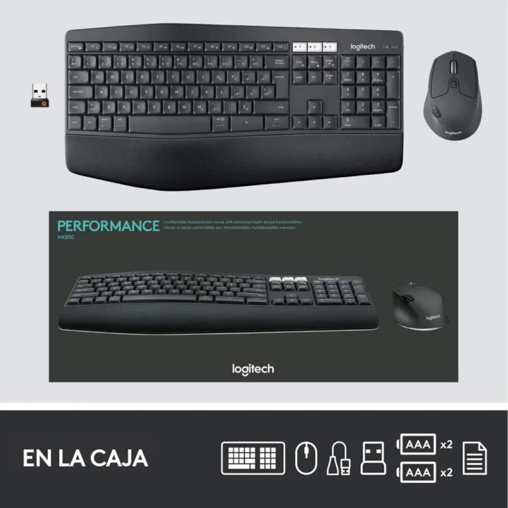 Teclado Logitech MK850 español inalámbrico con reposamuñecas, teclas island-style y panel numérico, incluye ratón negro 1000 DPI y receptor USB