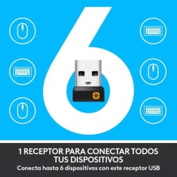 Receptor USB Logitech Unifying negro con logotipo naranja, compacto, permite conectar hasta 6 dispositivos compatibles como teclado y ratón inalámbricos