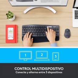 Teclado Logitech MK850 inalámbrico de membrana en español con reposamuñecas, teclas negras y ratón negro 1000 DPI. Control multidispositivo 1-2-3