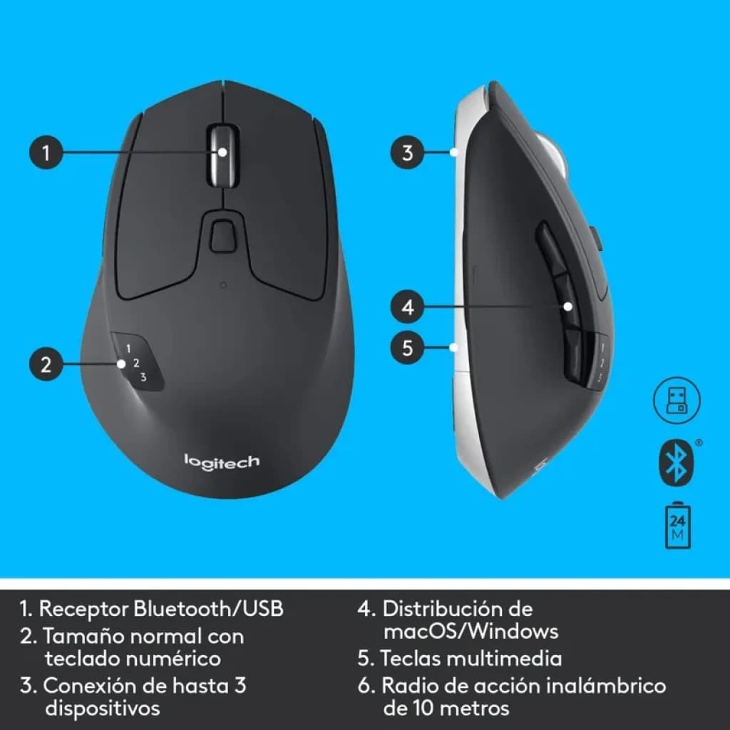 Ratón inalámbrico Logitech negro con 5 botones, rueda lateral, empuñadura ergonómica, cambio entre 3 dispositivos y conexión Bluetooth o USB, 1000 DPI