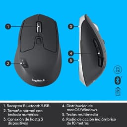 Ratón inalámbrico Logitech negro con 5 botones, rueda lateral, empuñadura ergonómica, cambio entre 3 dispositivos y conexión Bluetooth o USB, 1000 DPI