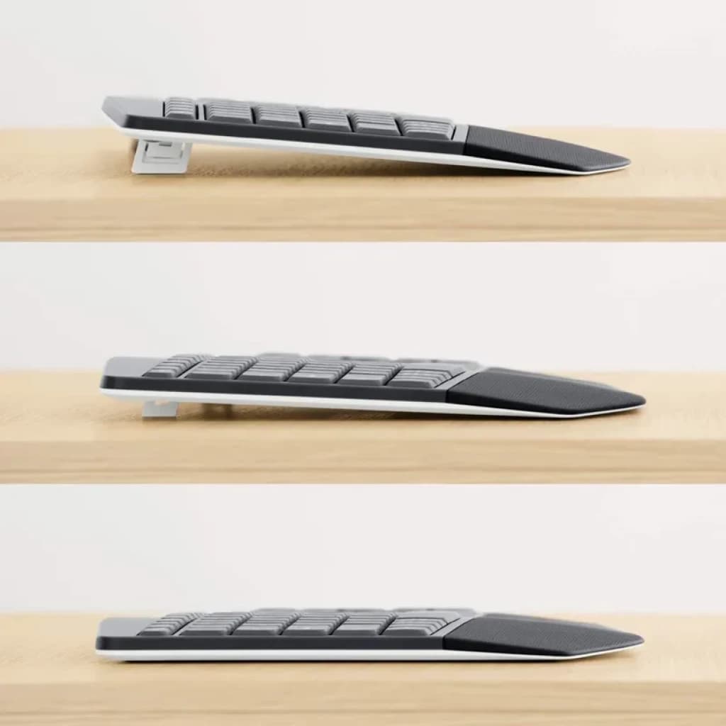 Laterales del teclado Logitech MK850 con reposamuñecas y patas ajustables en tres alturas, perfil delgado y teclas de membrana de bajo relieve en negro y gris