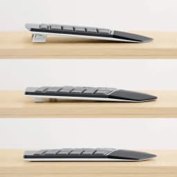 Laterales del teclado Logitech MK850 con reposamuñecas y patas ajustables en tres alturas, perfil delgado y teclas de membrana de bajo relieve en negro y gris