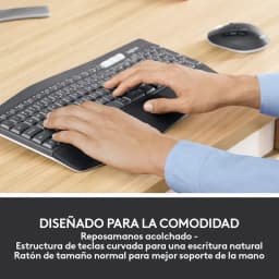 Teclado inalámbrico Logitech MK850 con reposamanos acolchado y teclas curvadas; ratón negro 1000 DPI de tamaño normal para soporte cómodo de la mano