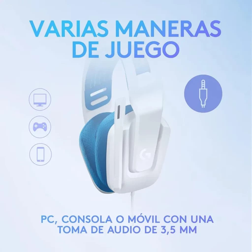 Logitech G G335 casque filaire blanc avec arceau réglable, coussinets bleus respirants et connecteur audio 3,5 mm, compatible PC, console et mobile