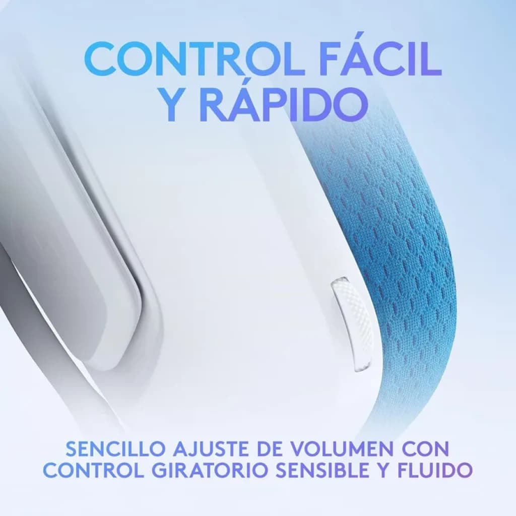 Molette de volume blanche sur casque Logitech G G335, réglage fluide et précis. Coussinets bleu clair respirants, arceau léger pour confort prolongé.